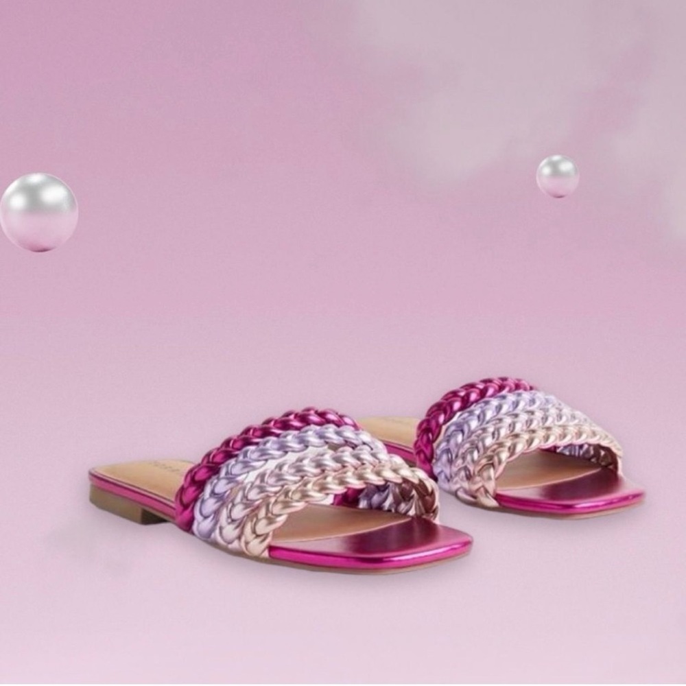 Torrid Metallic Braided Pink & Purple Twee Barbiecore Whimsical Girly Sandals
